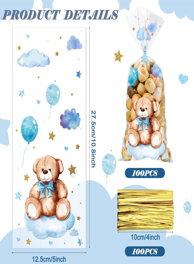 Maitys 100 Pieces Bear Baby Shower Treats Cellophane Bags Plastic Goodie Candy Bags with 100 Gold Twist Ties Gift Bags for Gender Reveal Birthday Party Favors (Blue,Sweet Style) - Image 2
